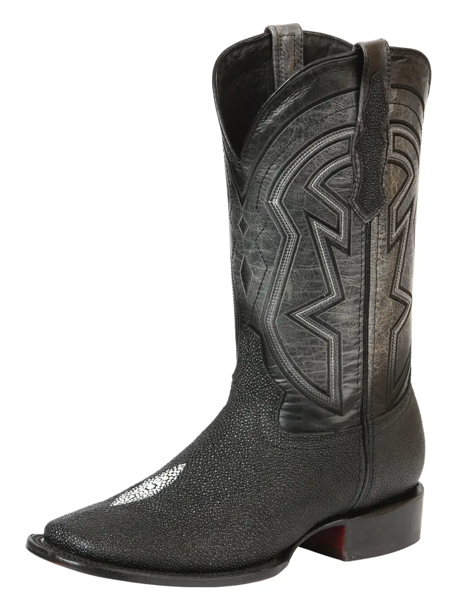 El General Men’s Leather Cowboy Boots - Embossed Stingray Print - Black 45566