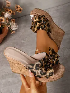 Women Leopard Print Bow Wedge Sandals Slip On Platform Cork Sandals Cute Comfortable High Heel Summer Open Toe Beach Vacation Casual Walking Sandals Leopard Print Slides