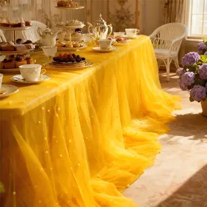 2-pack, 63*119inch yellow lightweight semi-transparent pearl mesh for banquet table decorations, romantic wedding dessert table/table runner/stage backdrop/chair back decorations. Hand washable, perfect for holiday party venue setup.