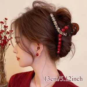 Versatile Hair Accessory with Red Beads and, Brown Shark Clip Design for Secure Hold, Exquisite Texture, Perfect for Women's Daily Hairstyle Decoration