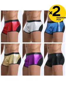 Men's Faux Leather Sports Briefs, Random Color Pack, 2/3/4 Pieces, Shiny Metal Texture, Slim-Fit, Casual Night Outwear, Workout Gym Underwear, Athletic Sport Underwear