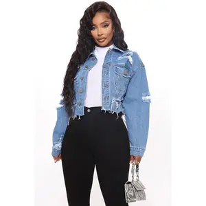 Fashion Ripped Denim Jacket Women's New Fashion Torn Hole Solid Color Denim Jacket Women Coats Tops Blue