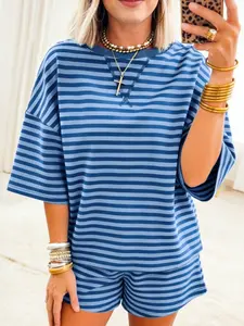 Women’s Striped 2 Piece Outfits Short Sleeve Oversized Top High Waisted Shorts Set Casual Summer Lounge Wear Matching Sets 95% Cotton,summervibes