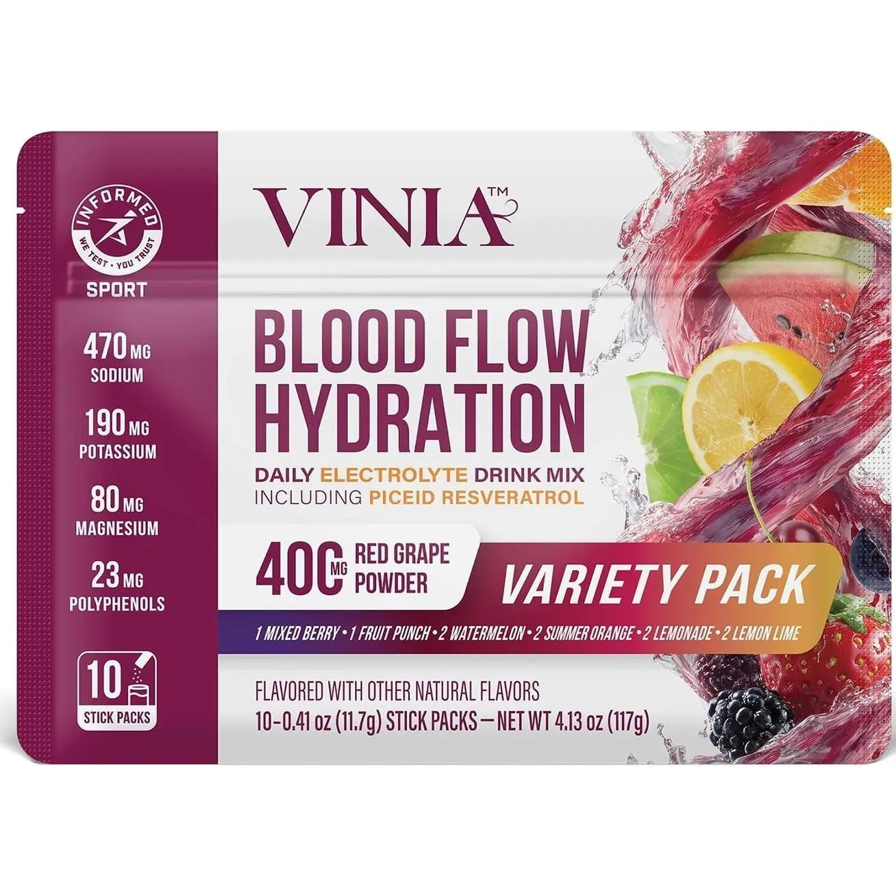 VINIA Resveratrol Electrolyte Hydration Powder Mix | Boost Blood Flow & Circulation | Sea Salt, Coconut Water Potassium, Magnesium, Informed Sport Certified