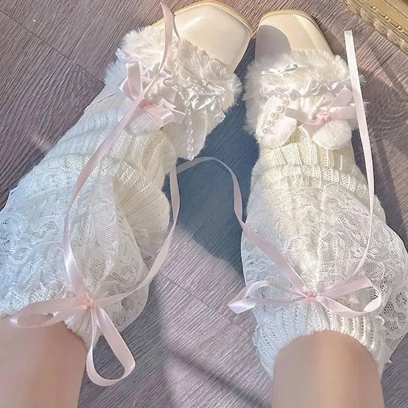 2025 New Woman Leg Warmers Autumn and Winter Ribbon Lolita Black Knee Warmers Long Socks JK Knitted Girl White Leg Warmers