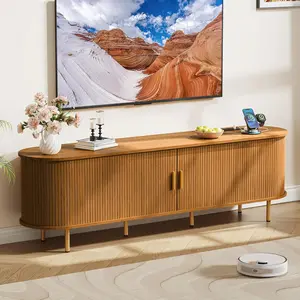 【Limited time deal】BM-CBX 70.8 Inch Mid Century Modern TV Stand with Power Outlet for TVs up to 80 Inch, Entertainment Center with Storage and Adjustable Shelves, Media Console with Sliding Doors for Living Room(Yellow)