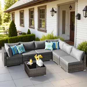 [3 packages delivery] 7PCS Outdoor Patio Furniture Sectional Rattan Sofa Set,Wicker Patio Conversation Set with 6 Seat Cushions and 1 Tempered Glass Coffee Table