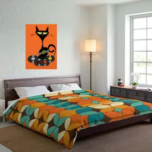 Mid Century Modern Bold And Beautiful Retro Orange, Chocolate Brown. Cream Teal Blue King Size Comforter