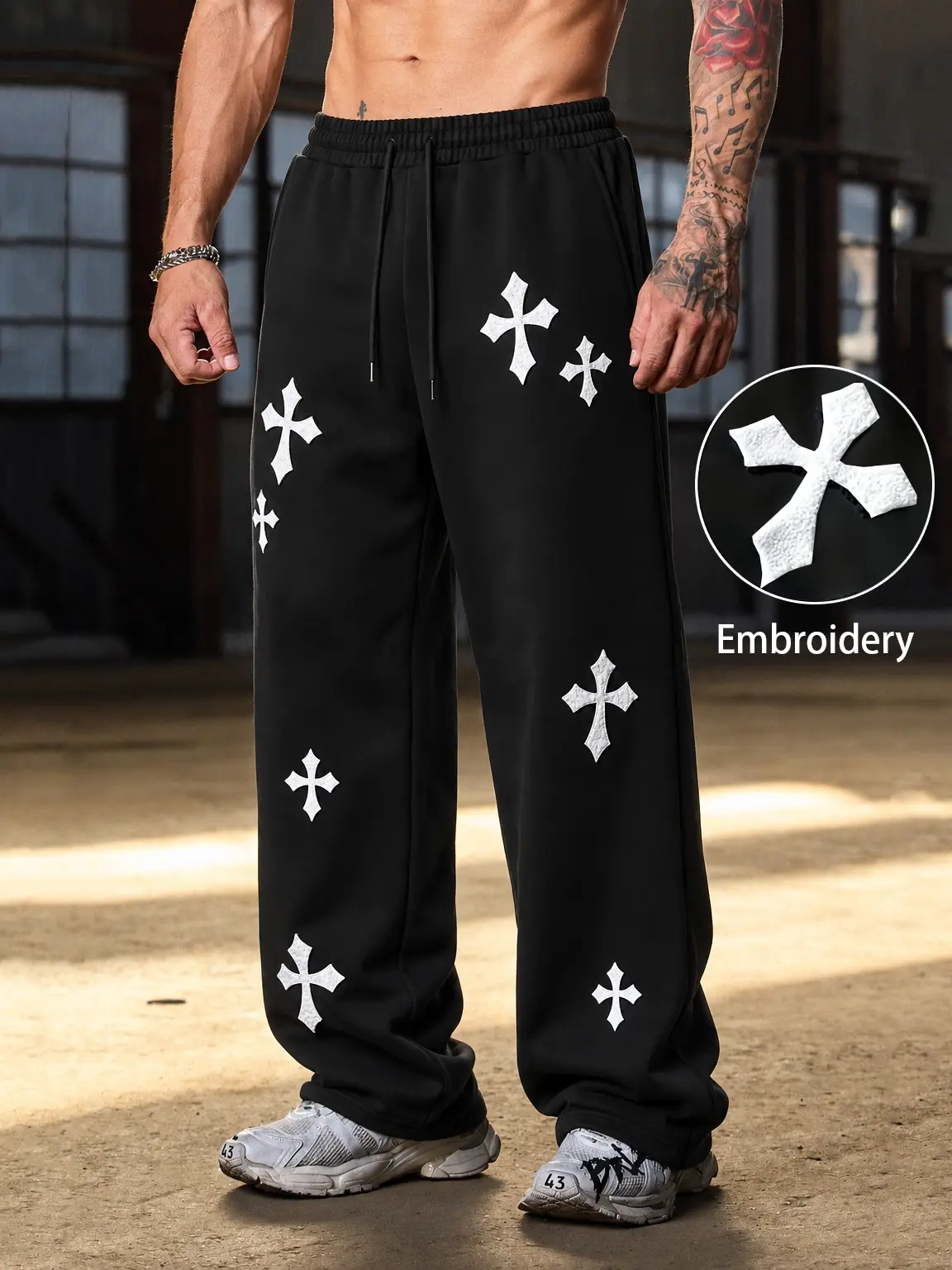 Towel Embroidered Cross Graphic Sweatpants Men Women Baggy Casual Sports Pants Loose Fit Wide Leg Open Hem Streetwear Drawstring Elastic Waist Hip Hop Lounge Pants Workout Gym Daily Wear Trendy Fashion Bottoms Teen College Outfit All Seasons Street Styles