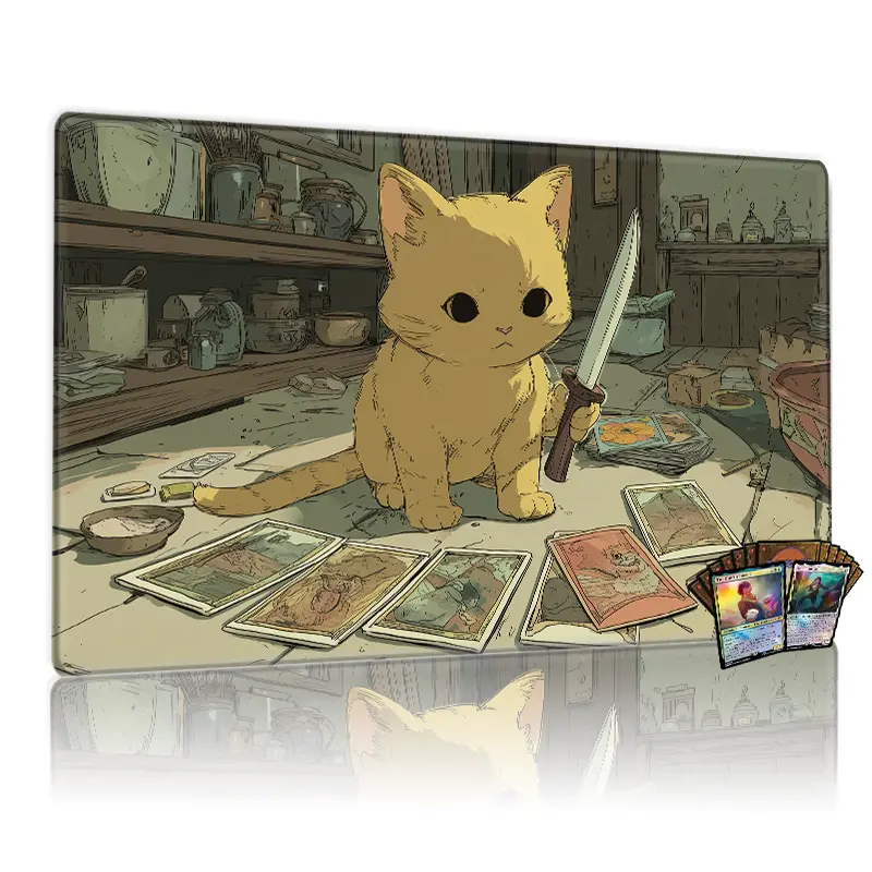 Magic Cat Warrior TCG MTG Game Mat - 12x24inch Non-Slip Gaming Mouse Pad Gaming Mousepad for TCG/MTG Card Games, Gaming Room Accessories, Ideal for Family Gathering & Party Use, Perfect Gift for Game Enthusiasts