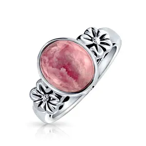 Bezel Set Oval Pink Natural Rhodochrosite Gemstone Ring Flower Band Sterling Silver