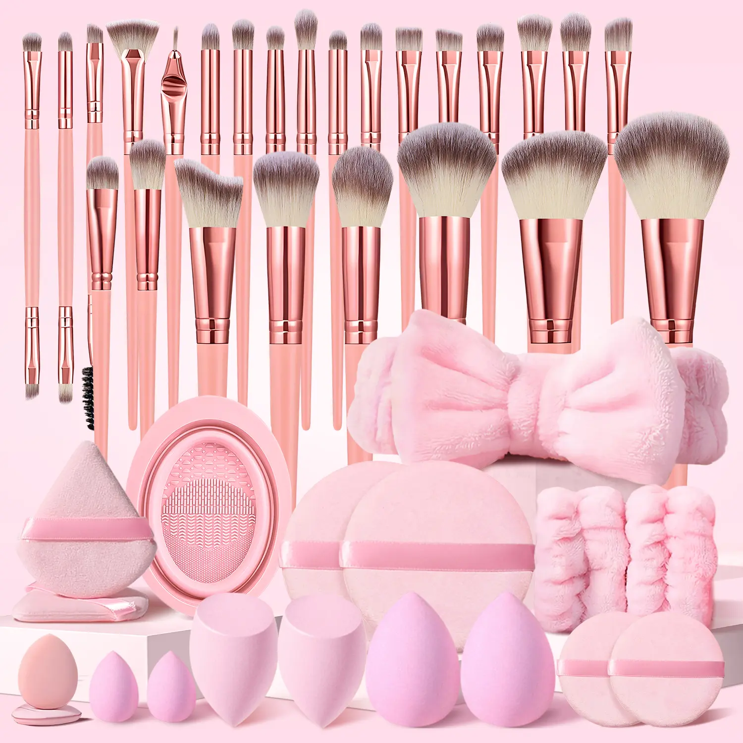 43Pcs Pink Makeup Brush Set, Cosmetic Tools, Includes 25Pcs Makeup Brushes, Blending Brush, Makeup Sponges, Circular & Triangle Puffs, Headband, Wristbands, Brush Cleaning Tool for Salon-Worthy Results
