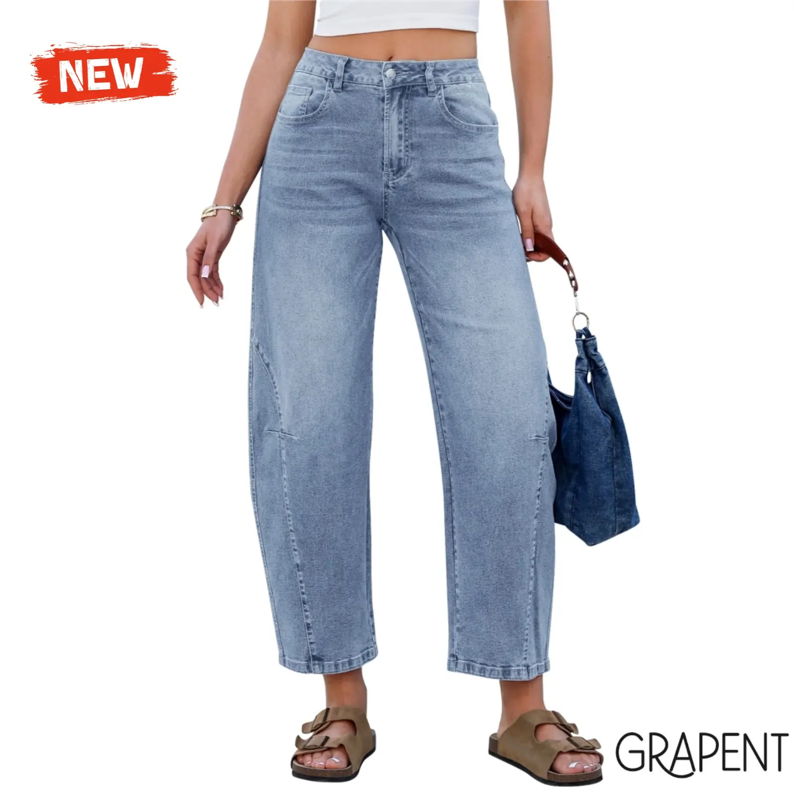 【GRAPENT Barrel Jeans Collection】Women's Zip-Front Crop Jeans, Stretchy High-Rise High-Stretch Wide-Leg Pants with Side Seam Detail, Streetwear Casual Fit, Stretchy High-Rise Jeans