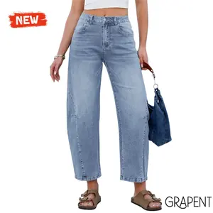 【GRAPENT Barrel Jeans Collection】Seam Street Barrel Jeans for Women High Waisted Cropped Wide Leg Pants Side Seam Detail Mega Stretch Streetwear Casual Fit
