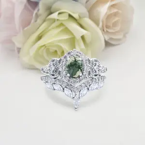 Two Piece Set Chevron 1.21 Carat Natural Green Moss Agate Ring Bridal Band Wedding Oval Shape 925 Sterling Silver 21mm