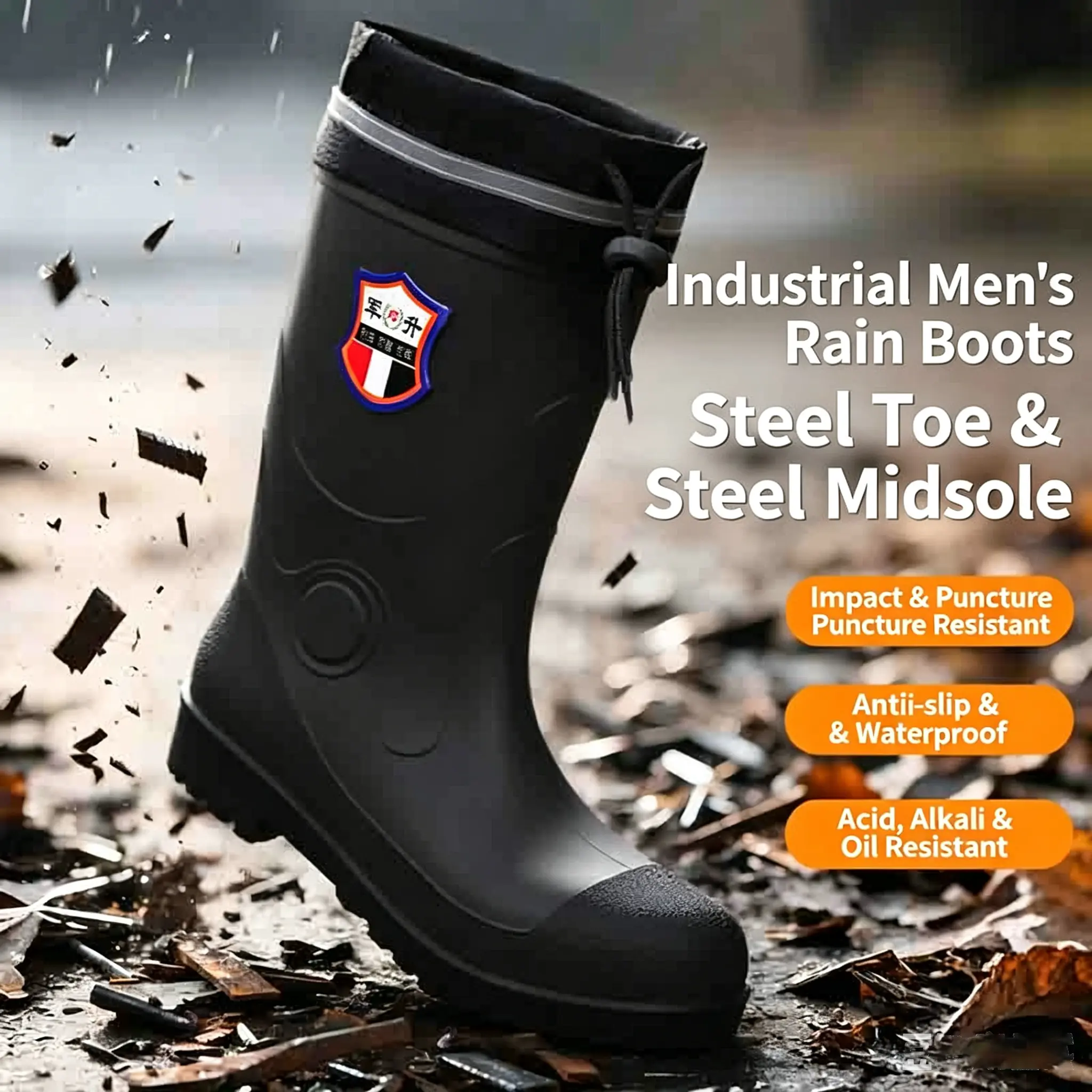 Steel toe impact-resistant high-cut work rain boots with thickened steel soles—puncture-resistant, non-slip, waterproof, unisex