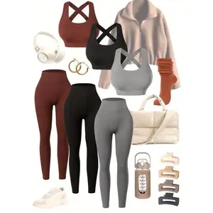3pack High-Waisted Women's Yoga Leggings Set with Seamless, Breathable Fabric and Built-In Bra for All-Season Wear Tights
