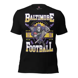 Baltimore Football Fan Gift T-Shirt Skeleton Player DMV Sports Apparel 100% Cotton Vintage Crewneck EST 1996 Retro Game Day Tee