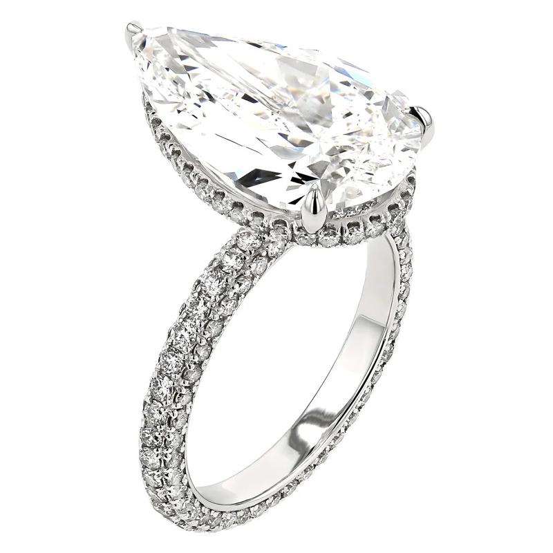 PEAR SOLITARE THREE ROW PAVE RING 7.01CT with Elegant Pear-Shaped lab grown  diamond Gia certified and Dazzling Pave Setting