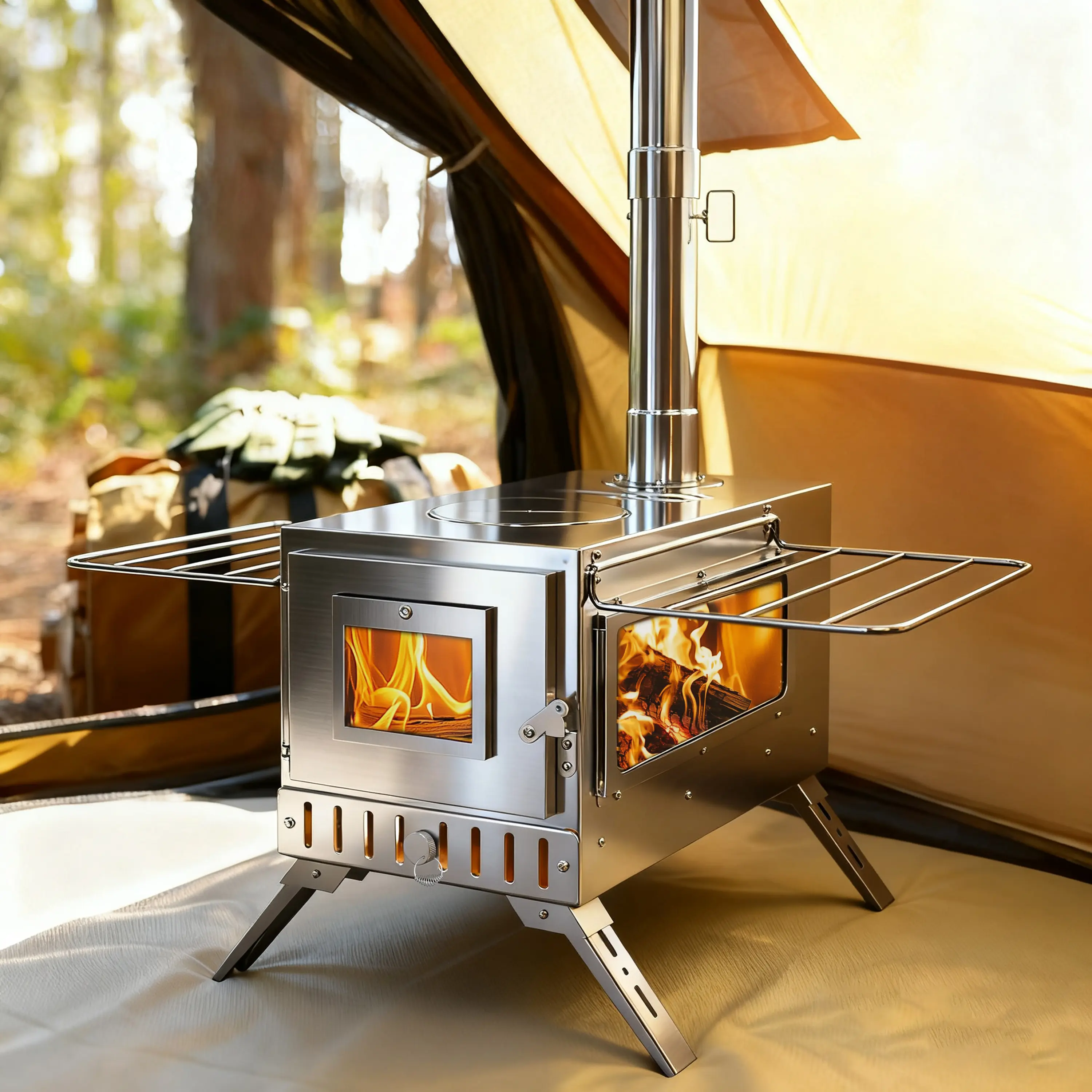 Portable Stainless Steel Tent Stove for Camping & Hiking, Wood Burning Heater & Outdoor Cooking Equipment with Adjustable Airflow, 7 Chimney Pipes & Bag, Water-Resistant, Backpacking