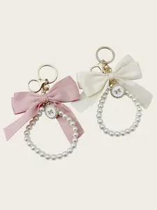 Fashion Bow Phone Lanyard Wrist Strap Keychain Pendant for Women, Casual Pearl Chain Accessory, All Seasons Style