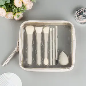 7Pcs Makeup Brush Set with Sponge & Bag, 6Pcs Nylon Brushes + Beauty Sponge, Full Face Makeup Tools