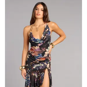 Flirty Vibe Butterfly Print Mesh Halter Top