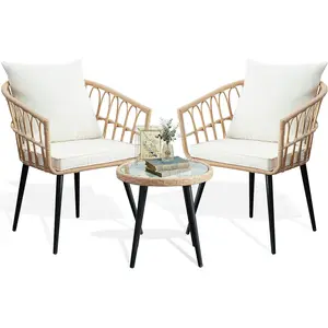 PORWEY 3 Piece Patio Bistro Set, Outdoor Wicker Apartment Balcony Furniture Sets, Rattan Table and Chairs Set of 2 for Porch Backyard Lawn Poolside Deck, Beige