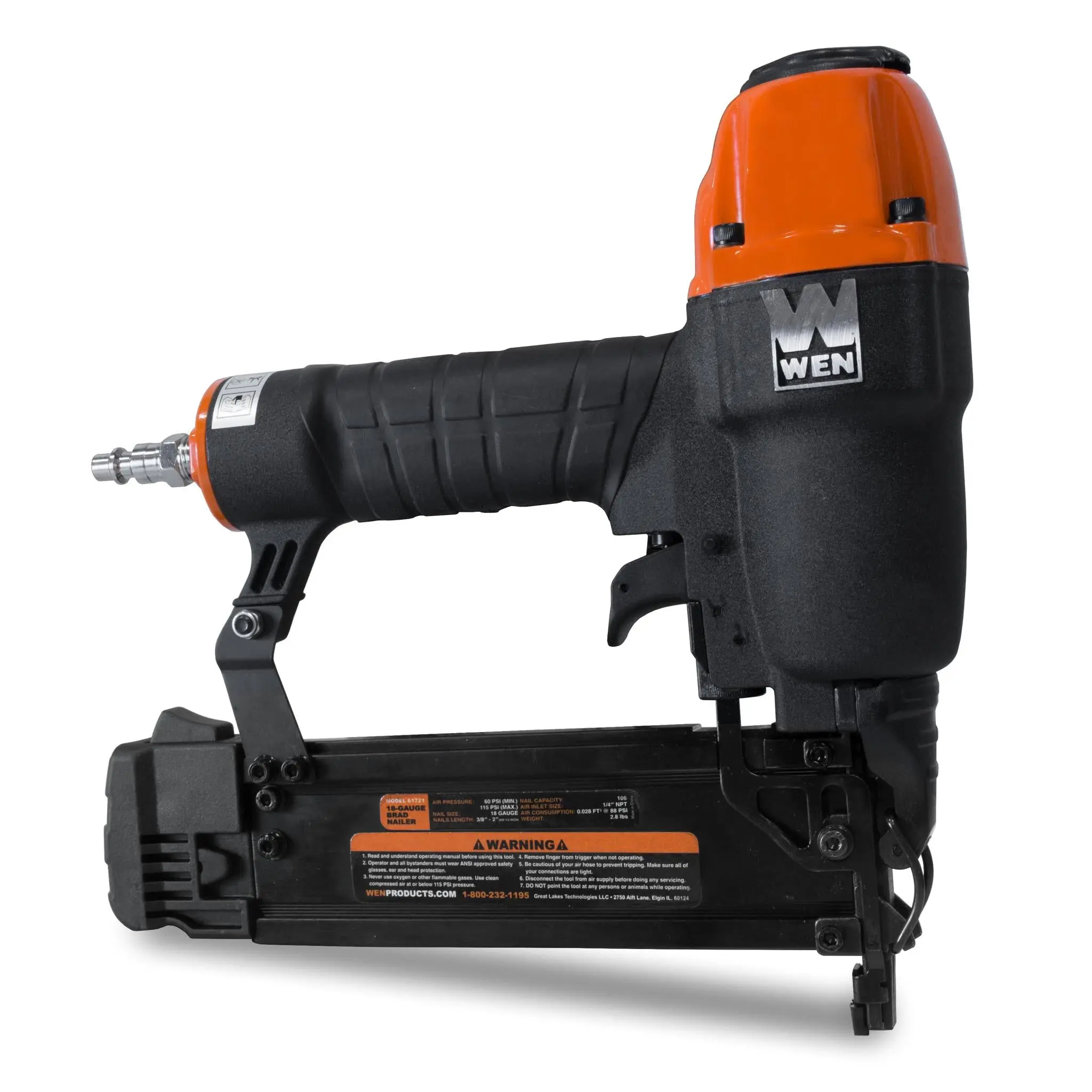 WEN 61721 Pneumatic Brad Nailer, 18-Gauge Power Tool, 3/8-Inch to 2-Inch Capacity, 0.028 cfm/nail, 106-Nail Mag, Hardware Tool, Power Tools