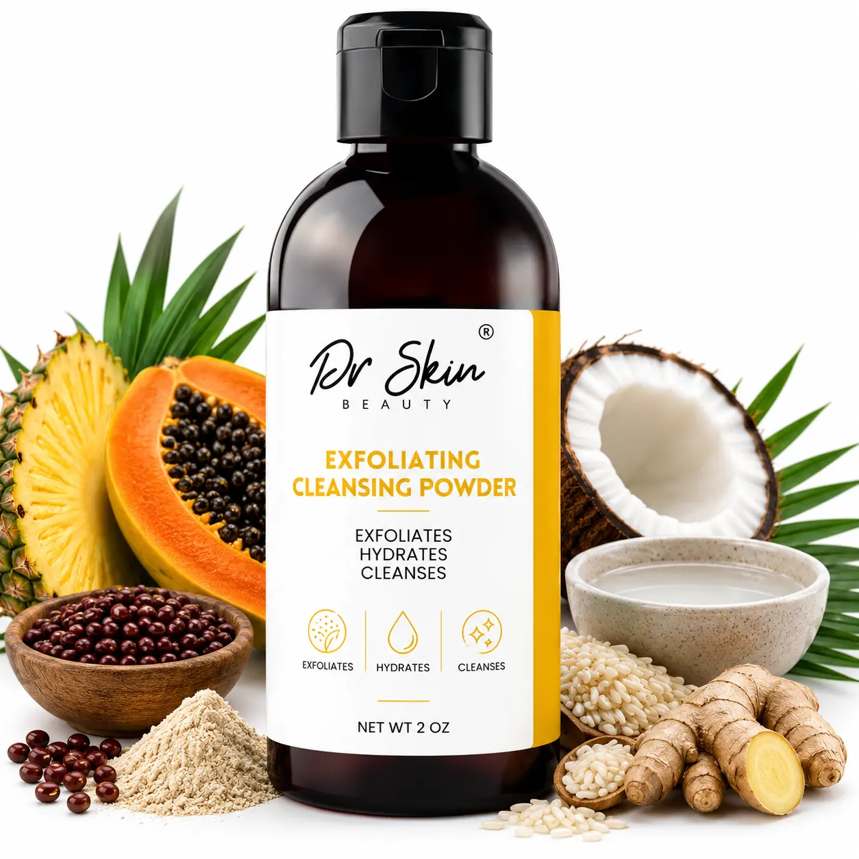 Dr. Skin Enzyme Cleansing Powder - Pineapple, Papaya & Rice Water for Radiant Glow | Adzuki Bean
