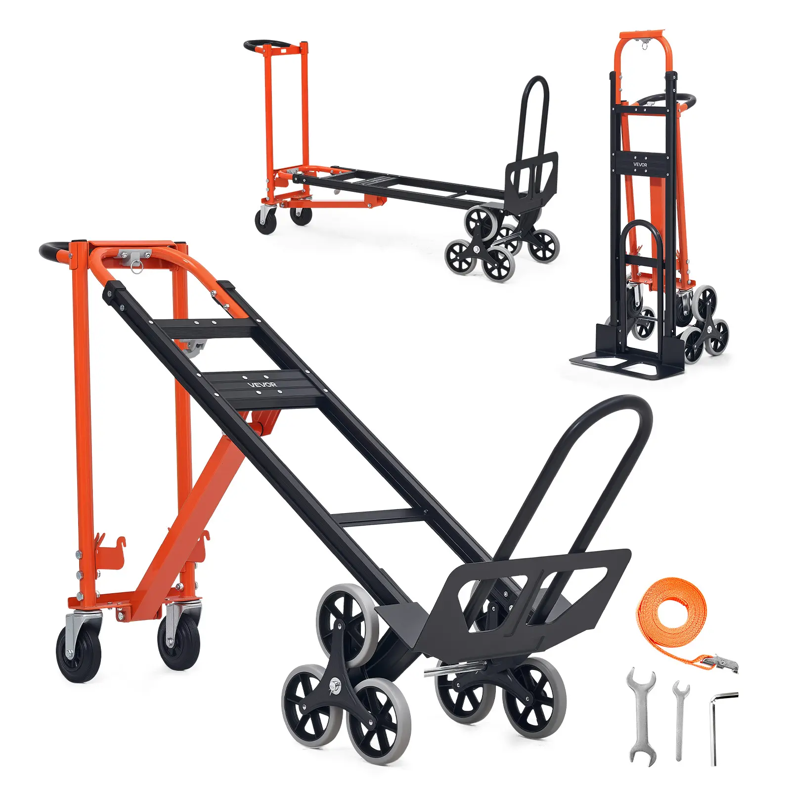 VEVOR 3-in-1 Industrial Convertible Large Wheels Trolley, 770 lbs Max Load Folding Hand Truck Dolly with Handle & Wheels, Stair Climbing Utility Cart for Transport & Moving, Orange & Silver, Large Wheels Trollies#BacktoSchool