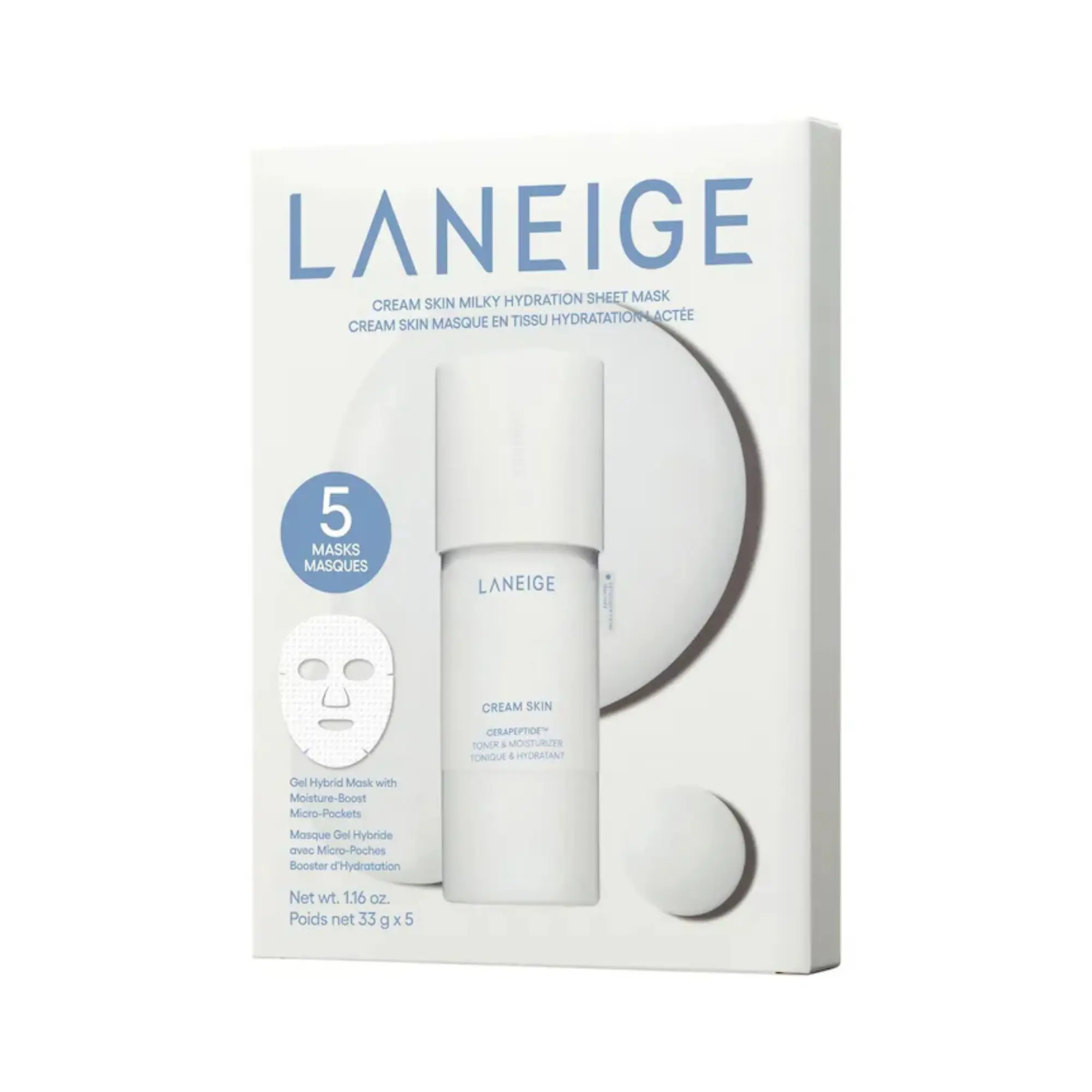 Laneige Cream Skin Milky Hydration Sheet Mask with Ceramides & Peptides, Korean Skincare, Cooling, Barrier-Boosting, Nourish, Hydrate, Soothe