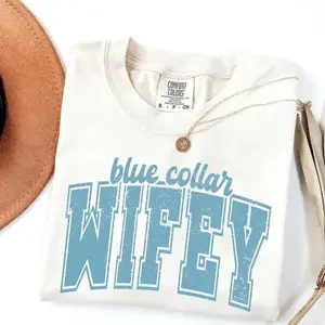 Comfort Colors Blue Collar Wife T-Shirt, Trucker and Trades Wife Graphic Tee, Funny Construction Partner Shirt, Plumber Wife Gift, Soft Washed Cotton, Casual Workwear Style for Women - HARSIN
