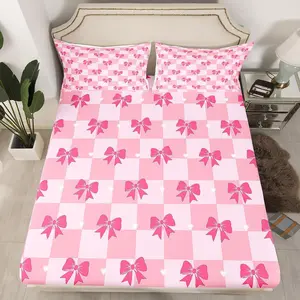 Feelyou Pink Bow Fitted Sheet - Kawaii Look Deep Pocket Bedding Set, Soft Polyester Pink Plaid Print Bed Cover for Girls' Room Decor (No Top Sheet), Deep Pocket Sheets