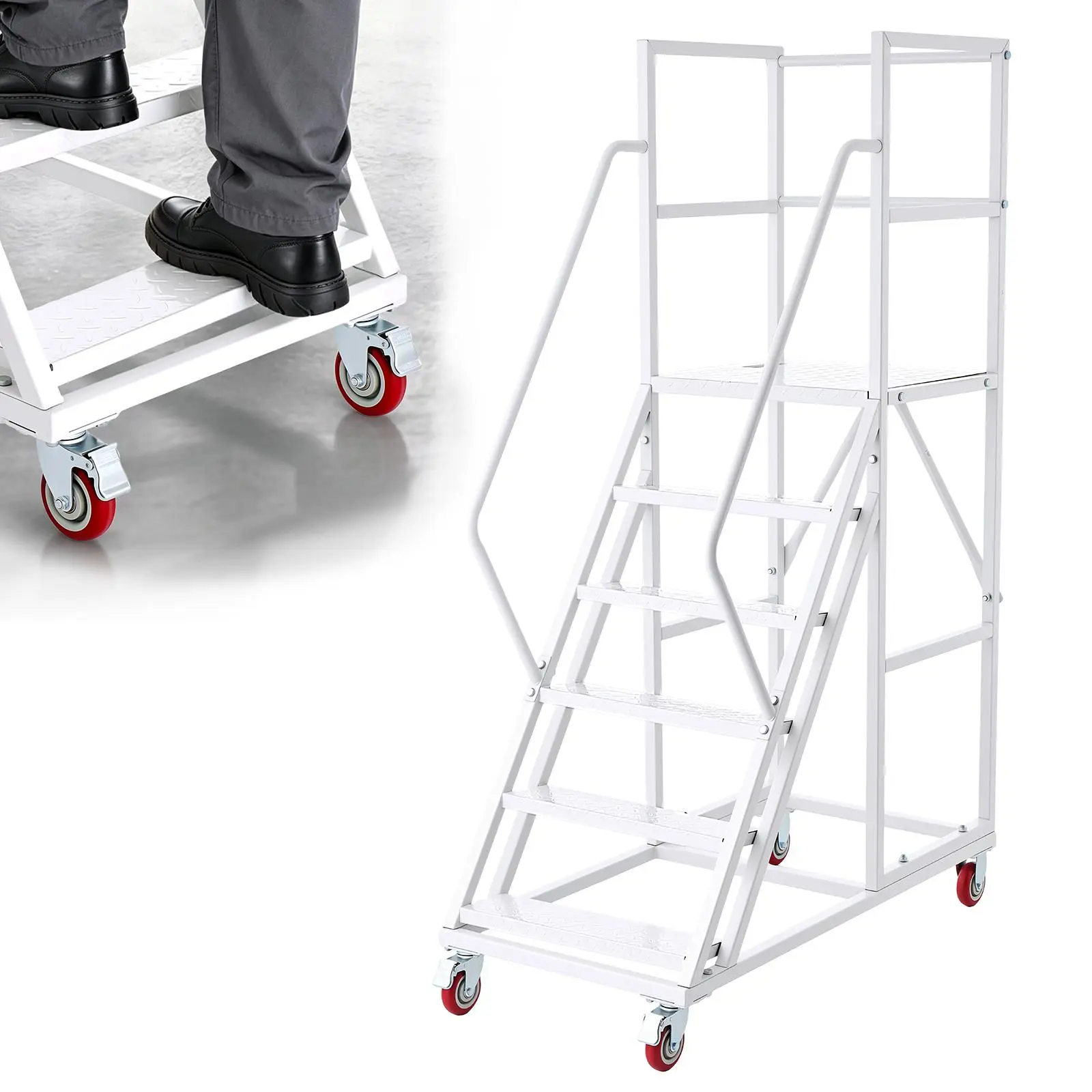 VEVOR 6-Step Industrial Alloy Steel Rolling Warehouse Ladder, Mobile Platform Stair with Handrails, Non-Slip Surfaces, Locking Wheels, 1100LBS Heavy-Duty for Garage, Factory