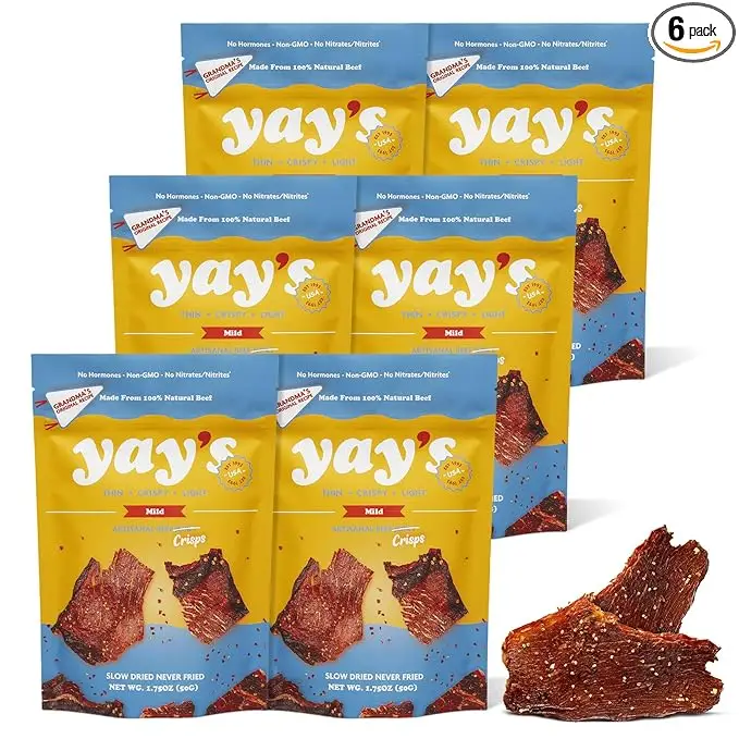 Yay’s Beef Jerky – Original – 6 pack - Thin and Crispy - Crispy Meat Snacks with...