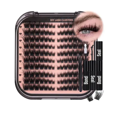 Wispy Lash Clusters, Fluffy Volume Eyelashes, Fake Eyelashes Clusters, False Eyelashes with Lash Bond and Seal, 1 Set DIY Segmented Eyelash Extension Kit, Makeup, DIY Eyelash Extensions, Curl Lashes