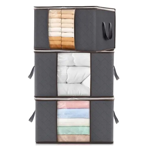 LMMAKE 3PCS Large Foldable Storage Bags Horizontal & Vertical Placement Clear Window Reinforced Handles Closet Under Bed Organizer for Comforters Blankets Quilts Clothes Pillows