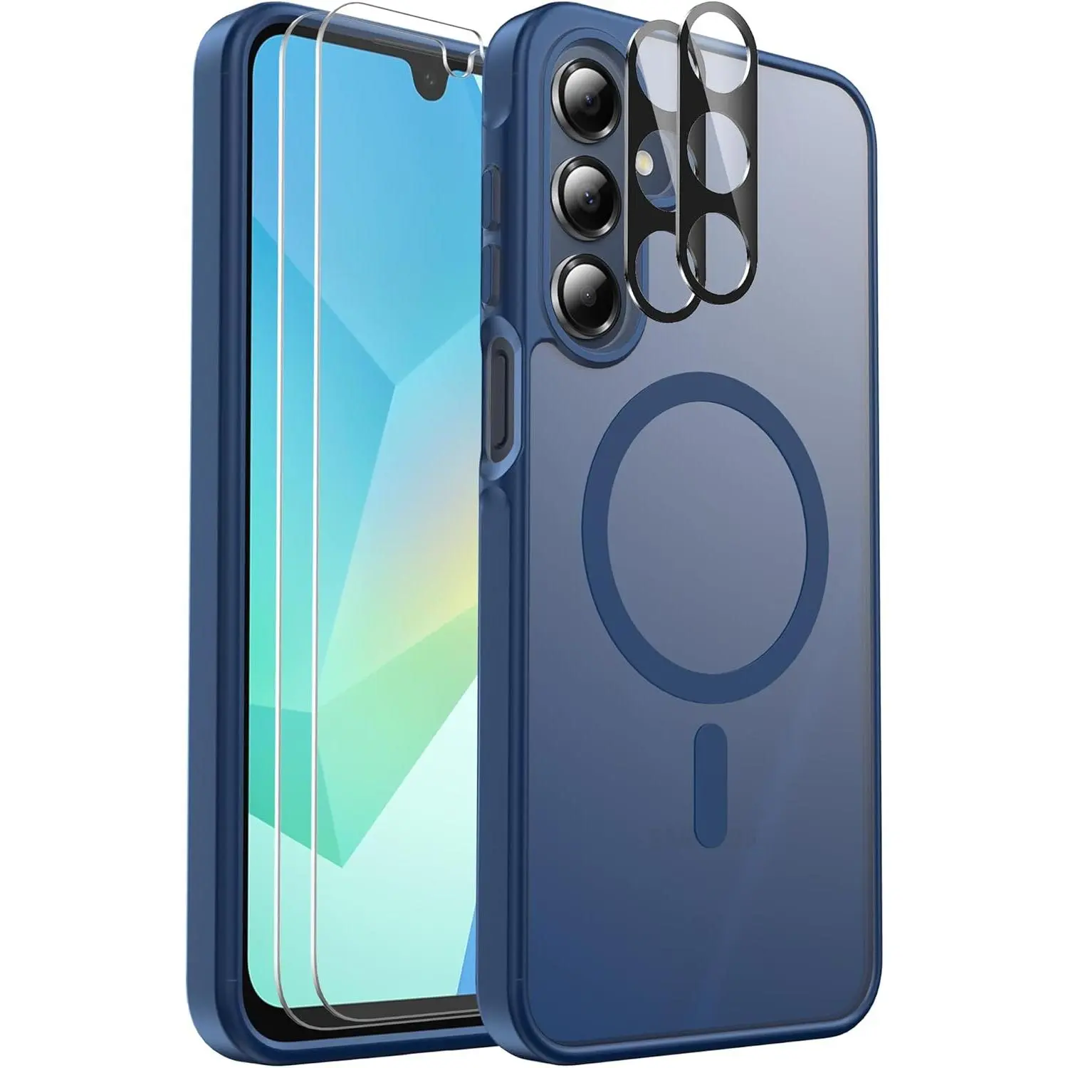for Samsung Galaxy A16 5G Case, with 2-Pack Tempered Glass Screen Protector and Camera Lens Protector, Translucent Back Shockproof Phone Cover for Samsung Galaxy A16 5G (Navy)