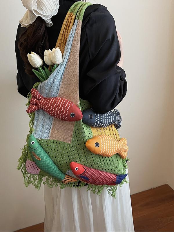 Stylish Rainbow Color Women's Knitted Bag with Colorful Fish Pattern, Versatile Shoulder Bag for Work, Shopping, Outings and Daily Use