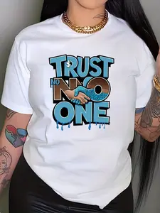 Street Style Graphic T-Shirt for Women: Vintage Round Neck Short Sleeve Shirt Featuring The Phrase 'Trust No One' with Striking Blue And Brown DDT Effect Lettering - This Offers a Comfortable Regular Fit