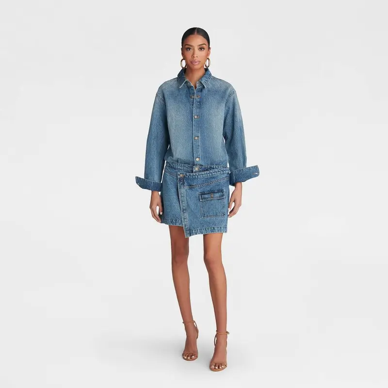 knee length dresses for ladies Zarah Denim Long Sleeve Mini Dress - Indigo Pinstripe