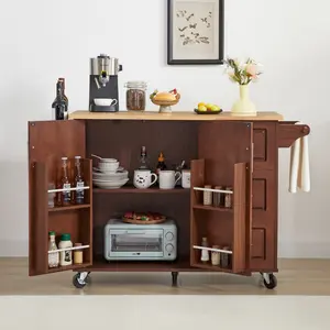 Kitchen Island with Drop Leaf Countertop, Rolling Kitchen Island Cart , Barn Door Kitchen Island Table with Storage Cabinet and Tower Rack, Island Table On Wheels for Kitchen, Retro Brown