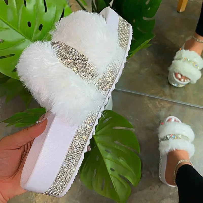 Fur Slides Rhinestones