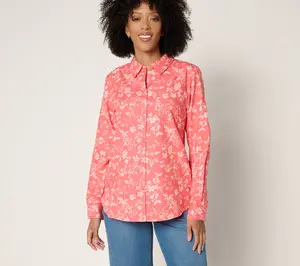 Joan Rivers Soft Cotton Chambray Floral Classic Button Front Shirt