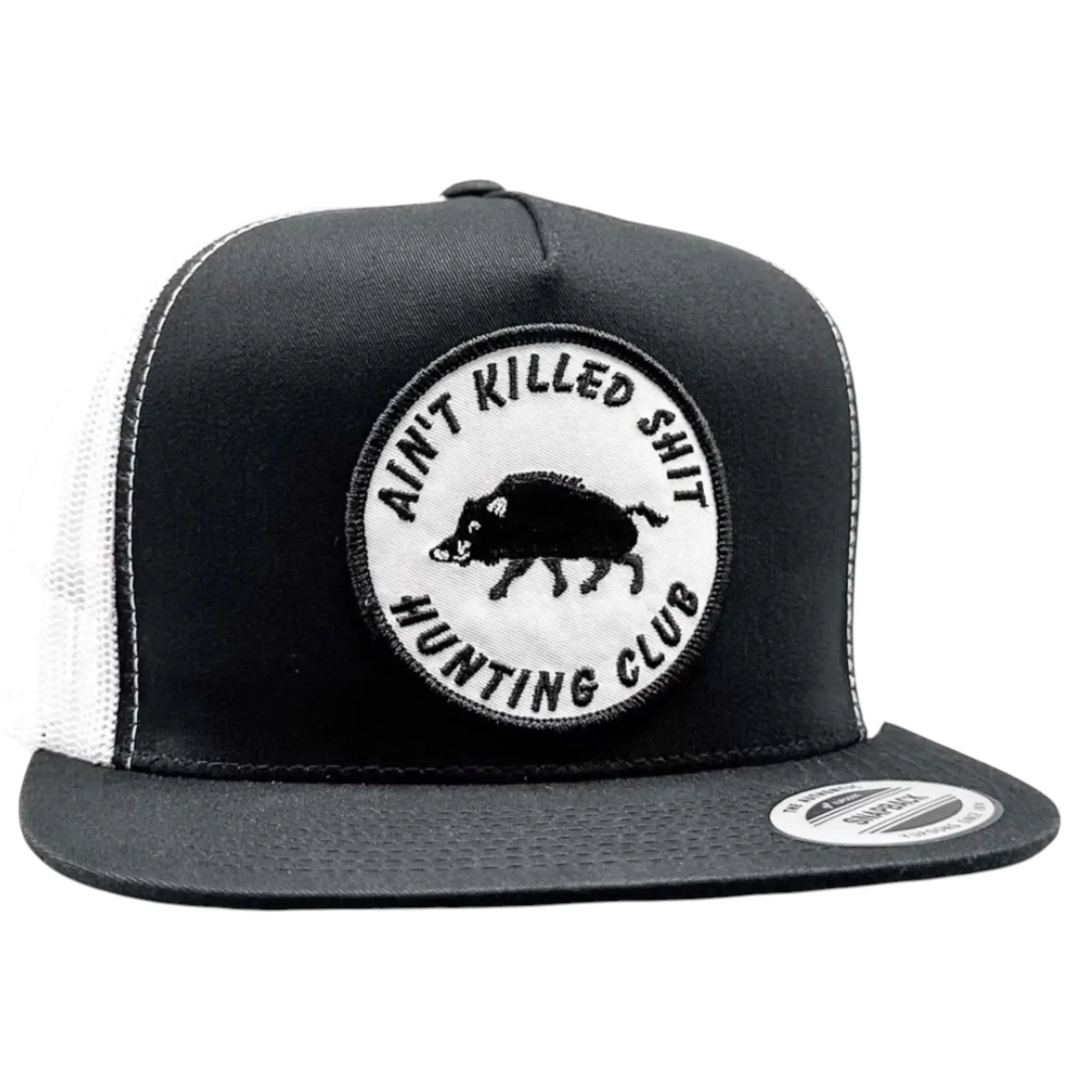 Ain't Killed Shit Hunting Club Patch on Trucker Hat / Yupoong 6006 Classic Snapback Cap