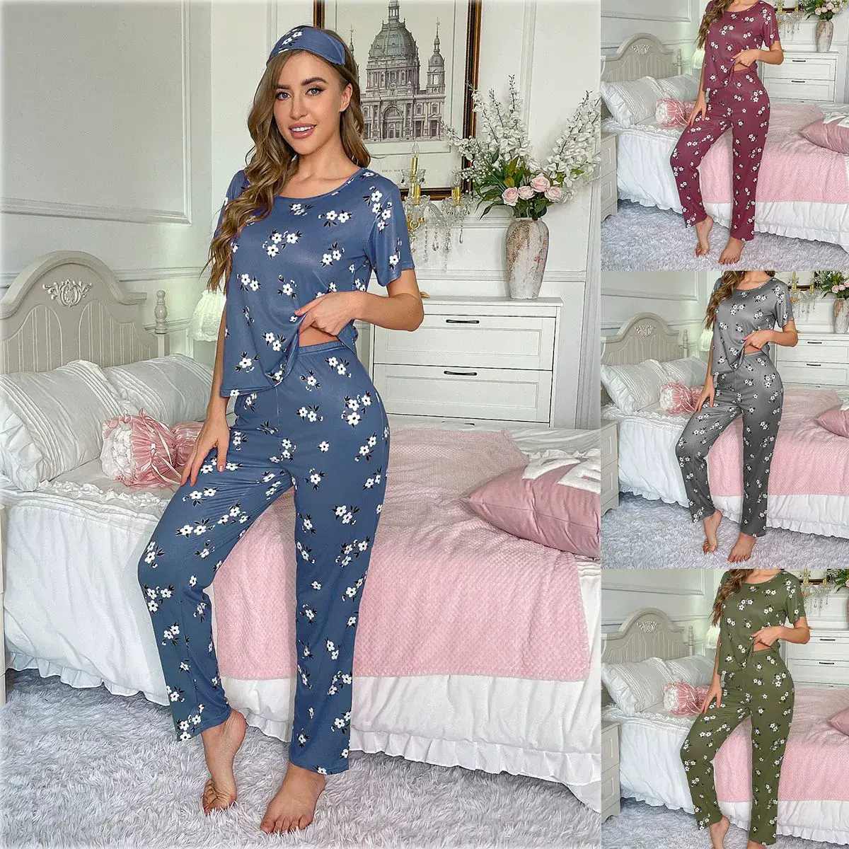 FEITAI Women's 2-Piece Breathable Crew Neck Short-Sleeve Loungewear Set, All-Over Floral Print, Lightweight Comfortable Leg Pants, Nightwear with Included Eye Mask