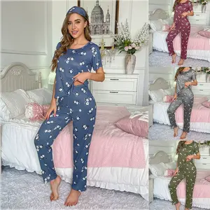 FEITAI Women's 2-Piece Breathable Crew Neck Short-Sleeve Loungewear Set, All-Over Floral Print, Lightweight Comfortable Leg Pants, Nightwear with Included Eye Mask