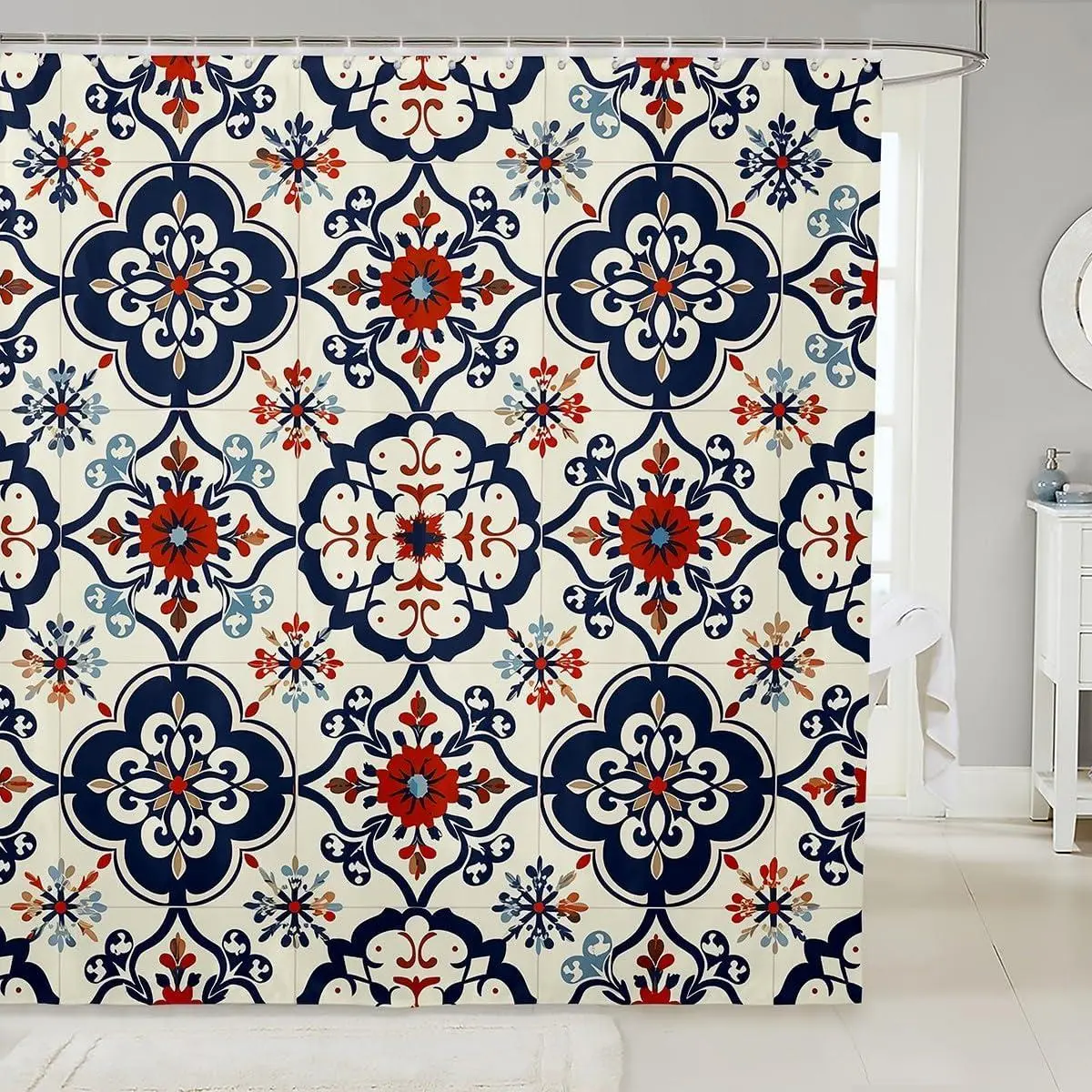 Feelyou Washable Mexican Tile Shower Curtain Set - Waterproof, Cute Shower Curtain, Fun Mexican Talavera Tile Design, Colorful Boho Vintage Flower Bathroom Accessory with C-Hooks (Bathtub-Fit), Shower Curtain Cute