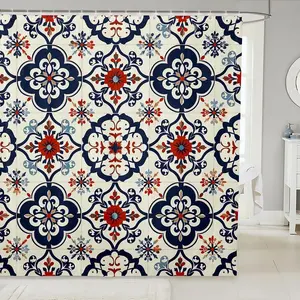 Mexican Tile Shower Curtain Set,Colorful Talavera Tile Bathroom Decor for Kids Adults,Vintage Boho Floral Bathroom Set